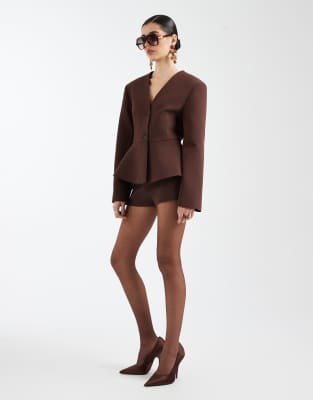 Asos Design Peplum Plunge Blazer In Brown