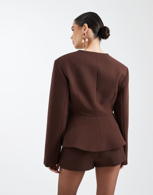 ASOS DESIGN peplum plunge blazer in chocolate, 3 of 4