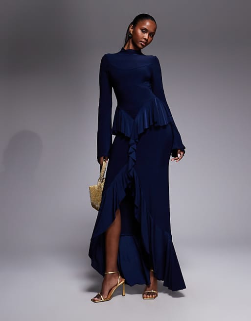 navy blue long sleeve maxi dress - Navy Bridesmaid Dress - Tiered Maxi Dress while the long sleeves offer a refined silhouette Featherweight Long Sleeve Crewneck Dress