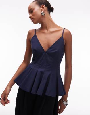 Asos Design Peplum Structured Cinch Top In Blue
