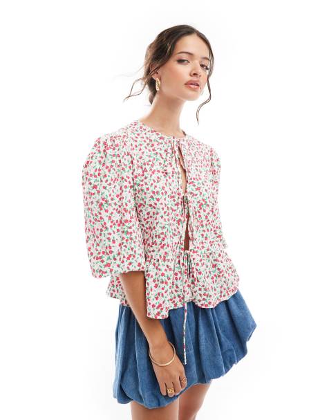 ASOS DESIGN peplum tie shirt top in red & pink ditsy print - view 1