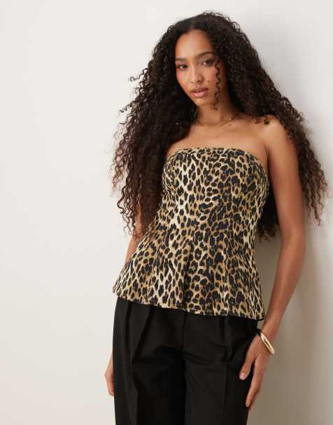 ASOS DESIGN - Peplum-top i denim med leopardmønster og bandeausnit - view 1