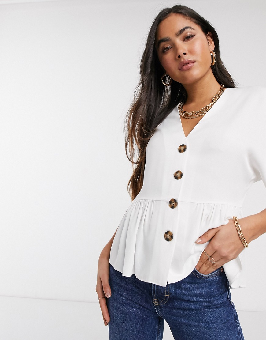 ASOS DESIGN peplum top with contrast buttons in ivory-Black