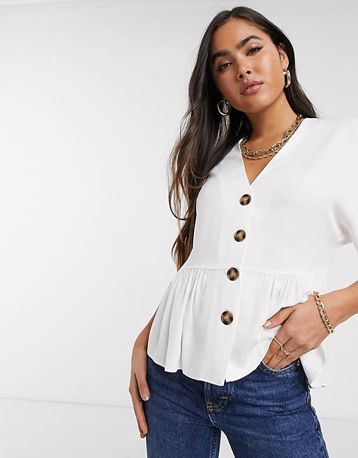 ASOS DESIGN peplum top with contrast buttons in ivory