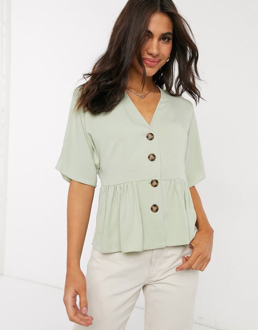 ASOS DESIGN peplum top with contrast buttons in sage-No Colour