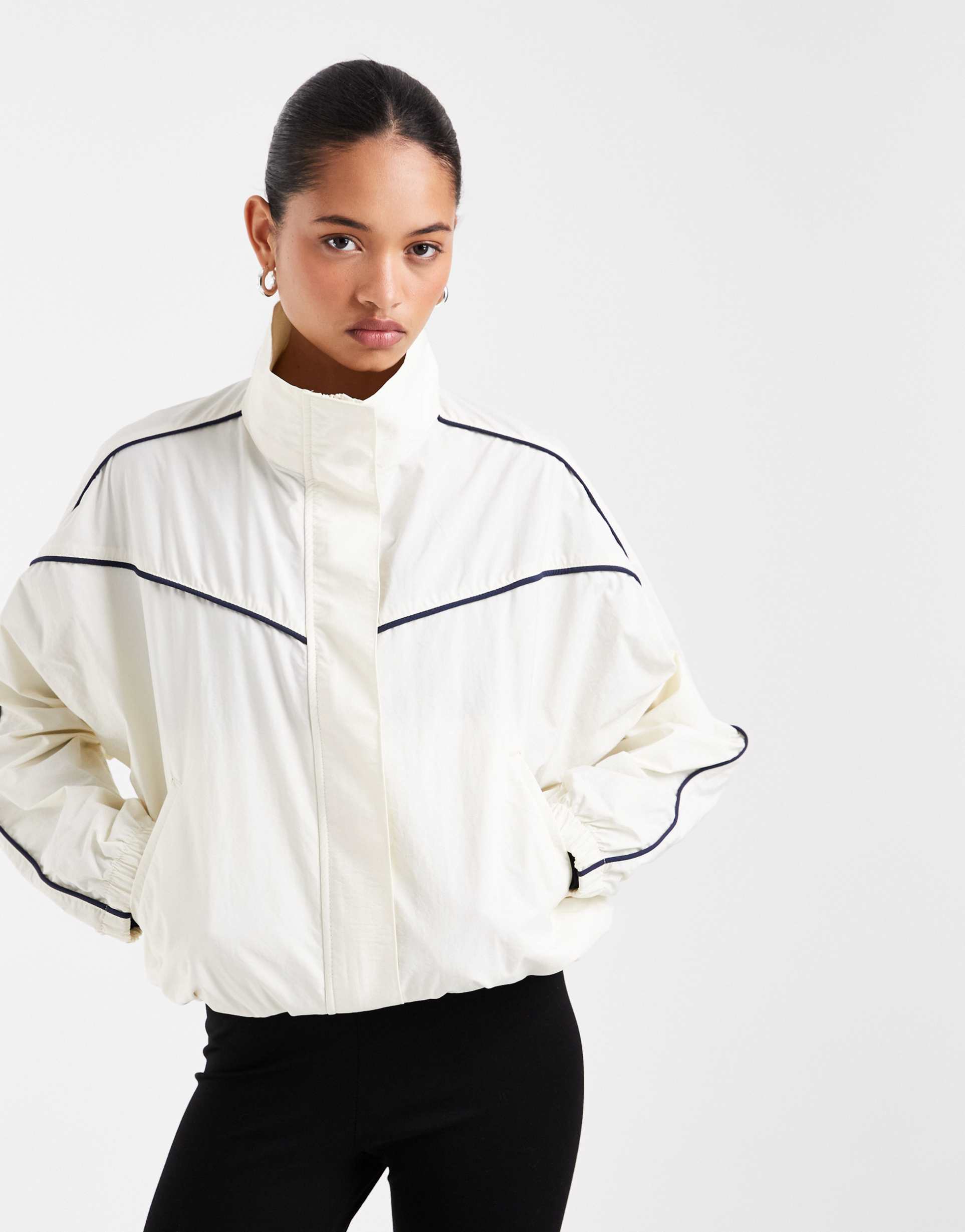 asos design performance fabric funnel neck windbreaker jacket in ecru