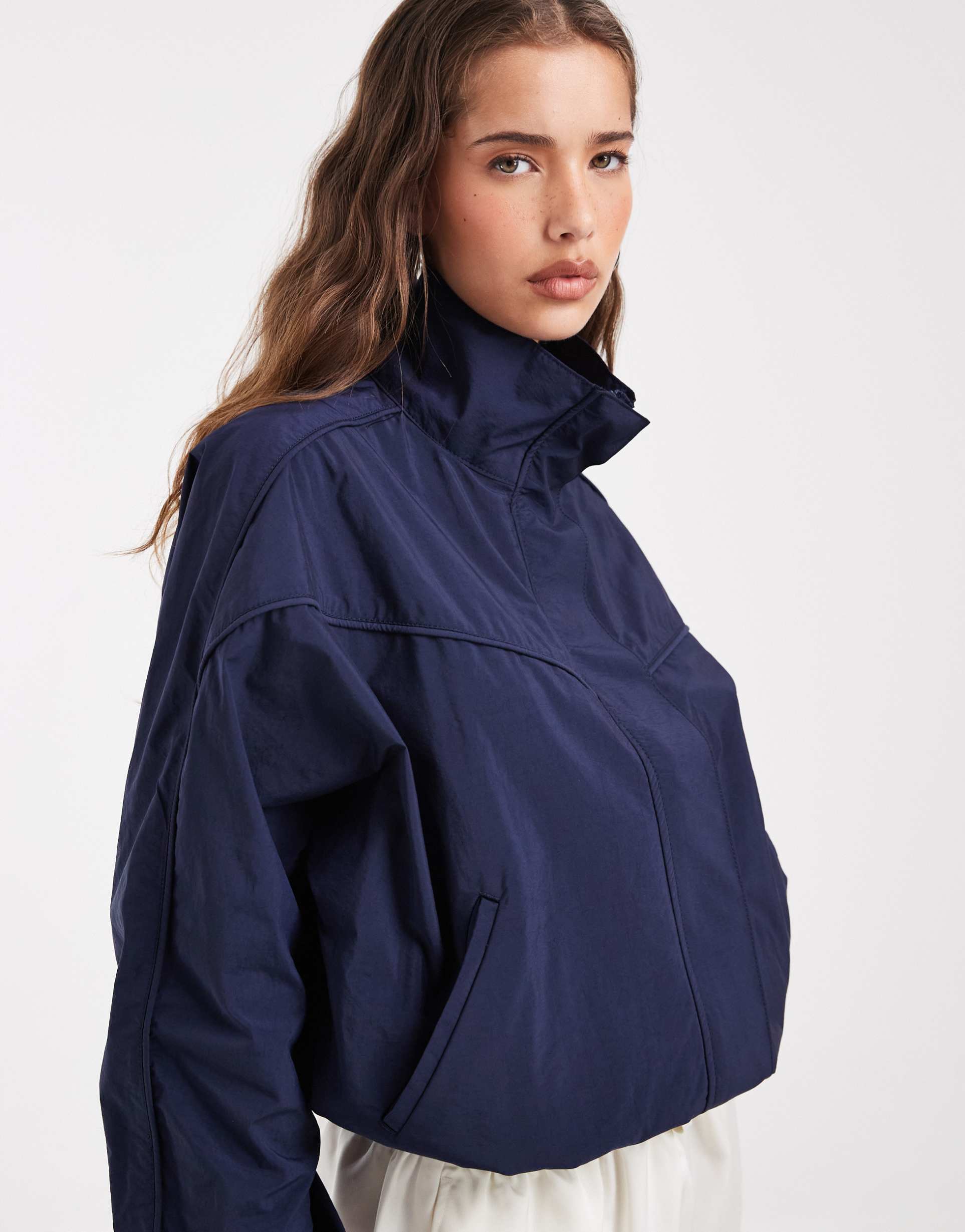asos design performance fabric funnel neck windbreaker jacket in navy