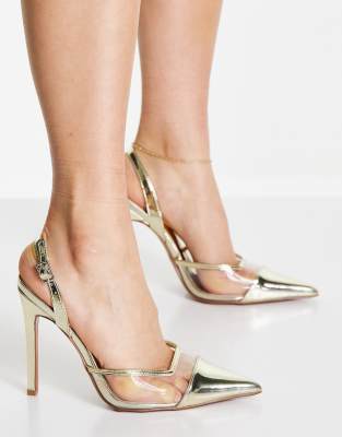 ASOS DESIGN - Peridot - Schuhe im transparenten und goldenen Design mit Fersenriemen und hohem Absatz-Goldfarben