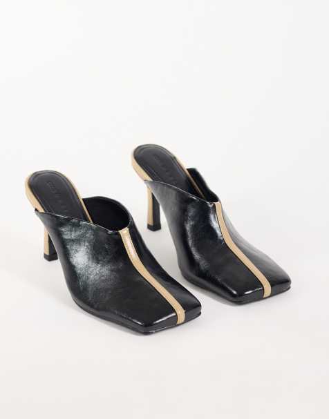 ASOS DESIGN Perla square toe high heeled mules in black and beige - view 1