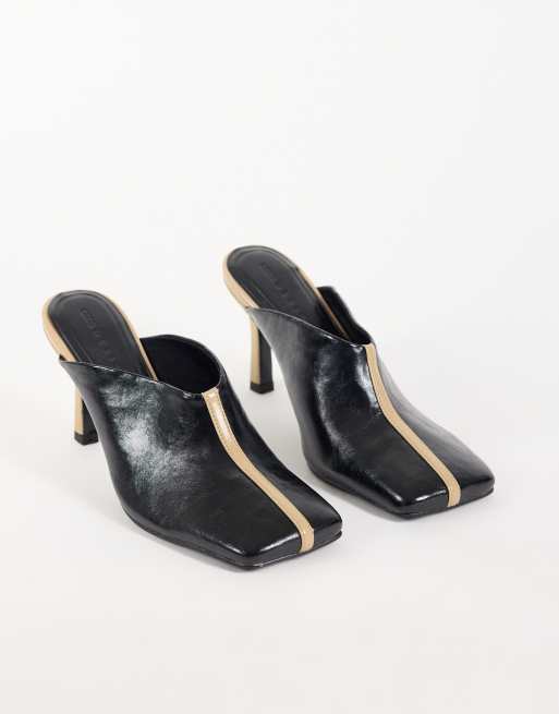 ASOS DESIGN Perla square toe high heeled mules in black and beige, 2 of 4