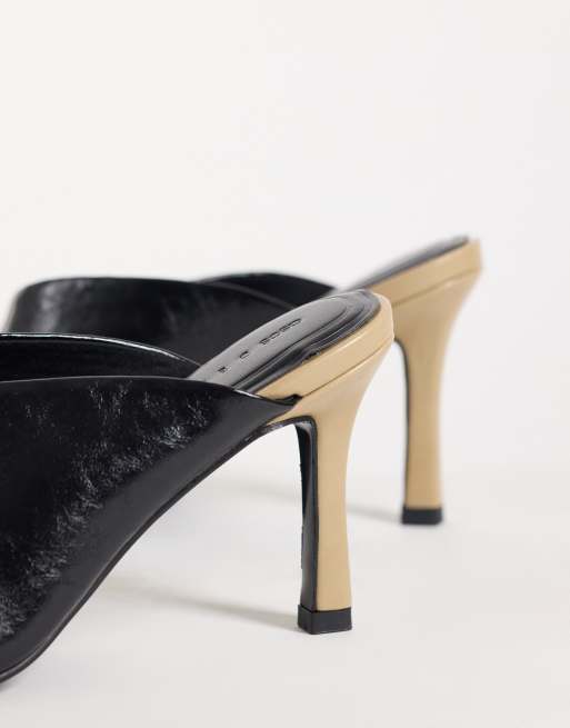 ASOS DESIGN Perla square toe high heeled mules in black and beige, 3 of 4