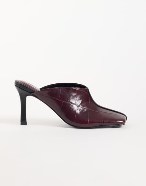 ASOS DESIGN Perla square toe high heeled mules in burgundy and black - view 1