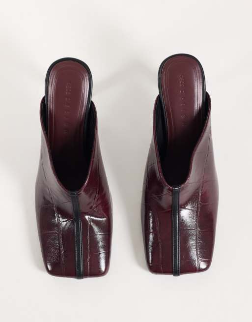 ASOS DESIGN Perla square toe high heeled mules in burgundy and black, 2 of 4