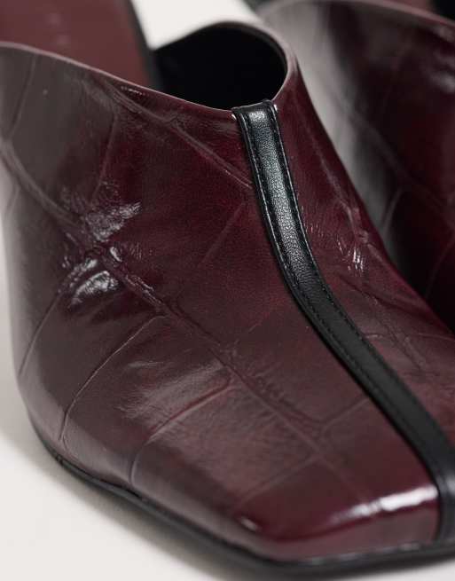 ASOS DESIGN Perla square toe high heeled mules in burgundy and black, 3 of 4