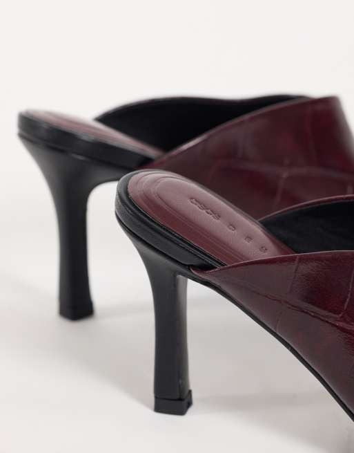 ASOS DESIGN Perla square toe high heeled mules in burgundy and black, 4 of 4