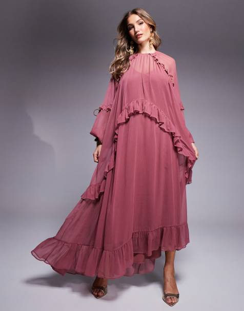 ASOS DESIGN – Perlenbesetztes Maxikleid in Beerenrosa mit Rüschen- und Quastenbesatz - view 1