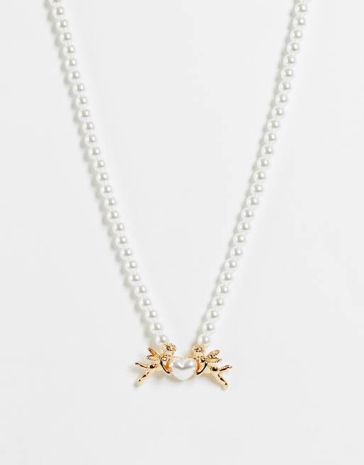 ASOS DESIGN – Perlenhalskette mit goldfarbenem Engel-Design