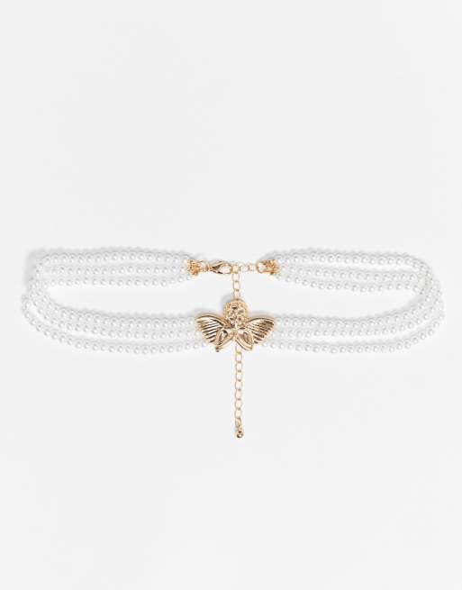 ASOS DESIGN – Perlenhalskette mit goldfarbenem Engelanhänger