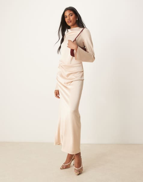 ASOS DESIGN long sleeve satin maxi dress with ruched tab detail in oyster