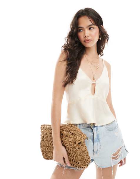 ASOS DESIGN keyhole detail cami in satin in oyster