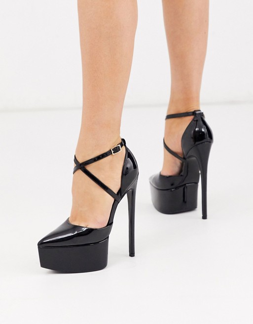 ASOS DESIGN Perplex pointed platform stiletto heels in black patent