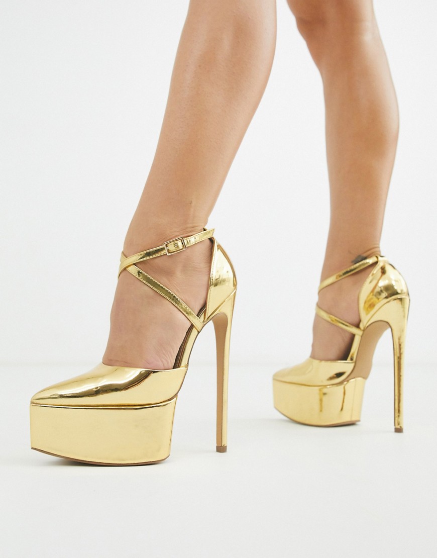 ASOS DESIGN - Perplex - Puntige schoenen met naaldhak en plateauzool in goud