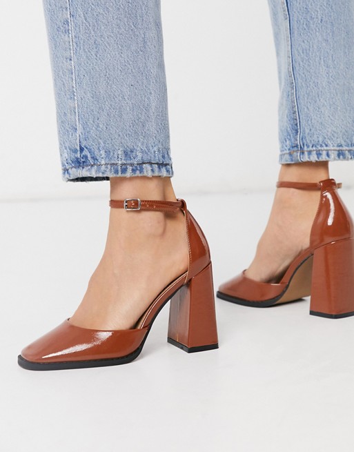 ASOS DESIGN Perri square toe high heels in tan patent