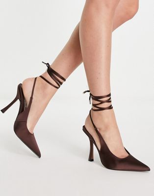 ASOS DESIGN Perry tie leg flared high heeled shoes in brown