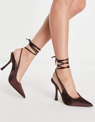 ASOS DESIGN Perry tie leg flared high heeled shoes in brown