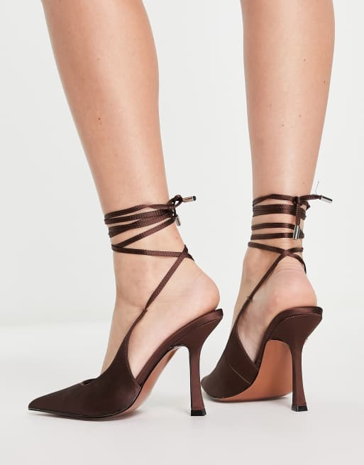 ASOS DESIGN Perry tie leg flared high heeled shoes in brown