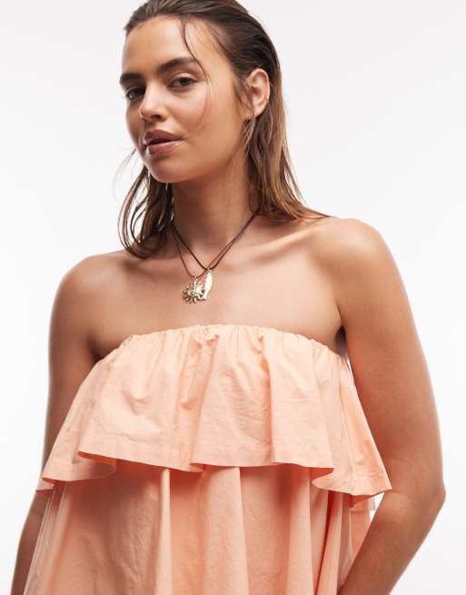 ASOS DESIGN – Persikorosa miniklänning med bandeau-ringning och volanger, 4 av 7