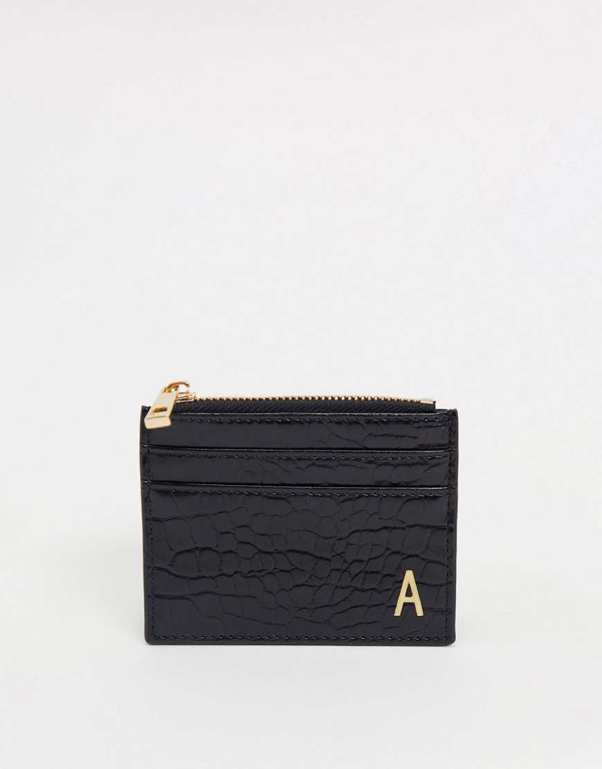 ASOS DESIGN personalised A coin purse & cardholder in black croc