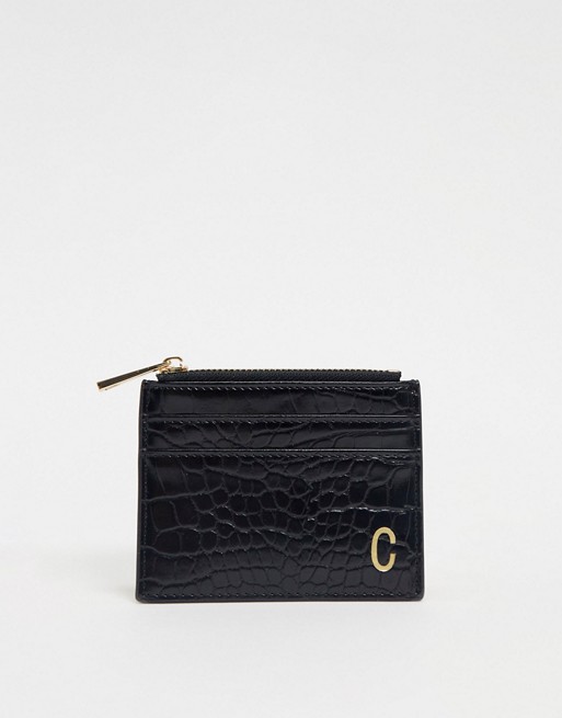 ASOS DESIGN personalised C coin purse & cardholder in black croc
