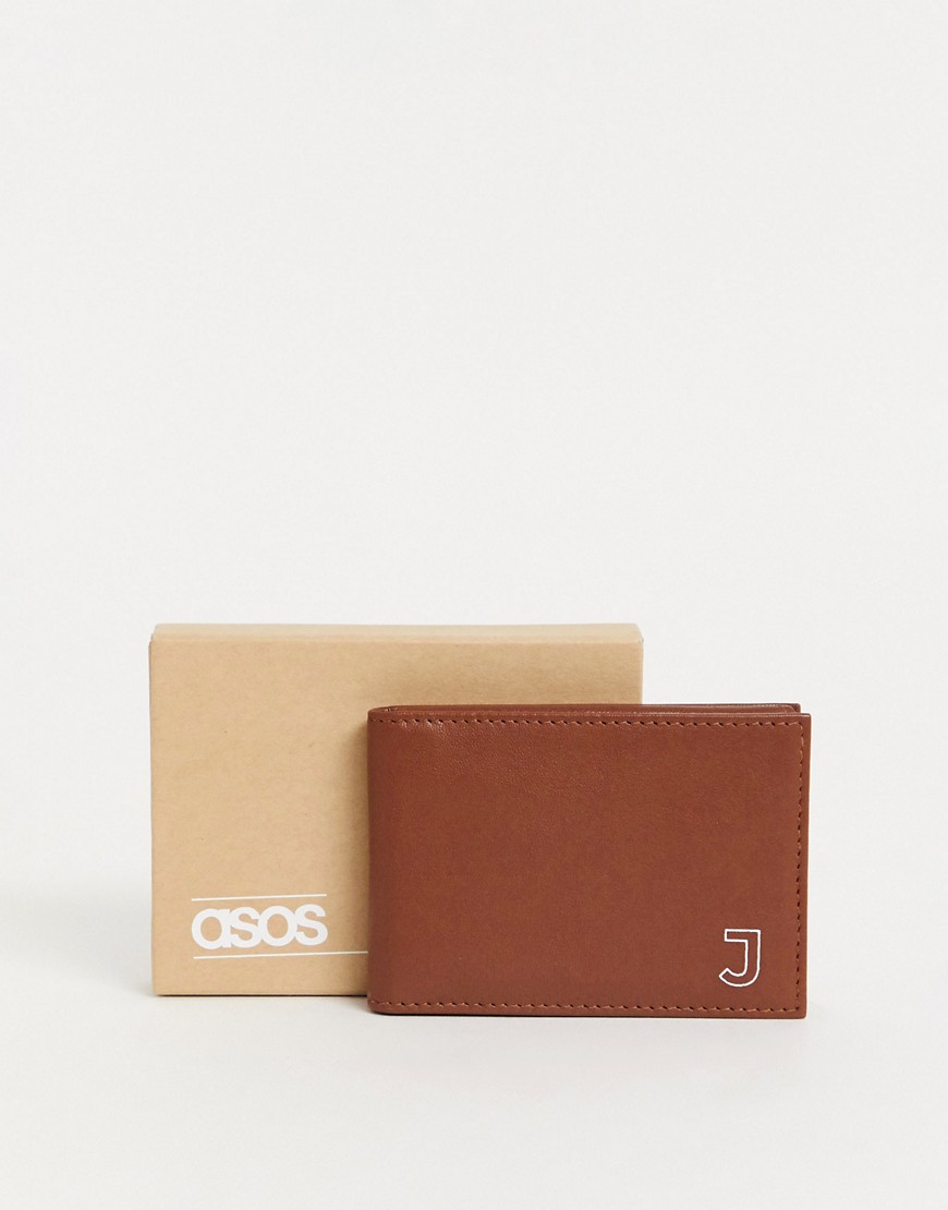 ASOS DESIGN personalised cardholder in tan leather with 'J' initial-Brown