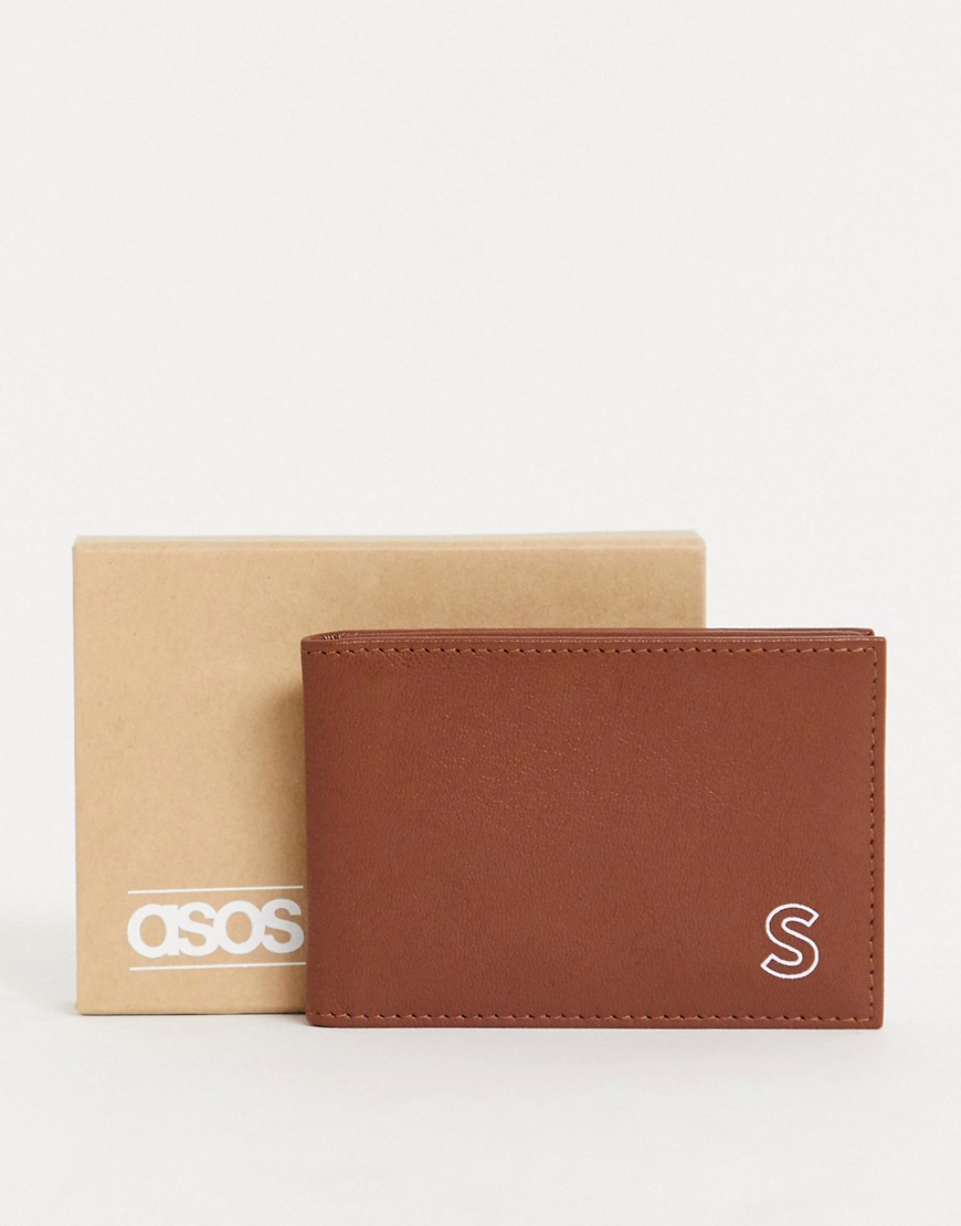 ASOS DESIGN personalised cardholder in tan leather with 'S' initial-Brown