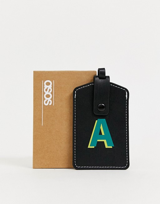 ASOS DESIGN personalised faux leather luggage tag in black with 'A' initial