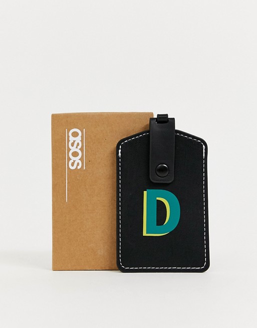 ASOS DESIGN personalised faux leather luggage tag in black with 'D' initial