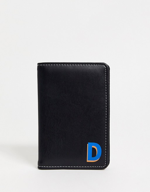 ASOS DESIGN personalised faux leather passport cover in black with 'D' initial