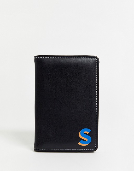 ASOS DESIGN personalised faux leather passport cover in black with 'S' initial