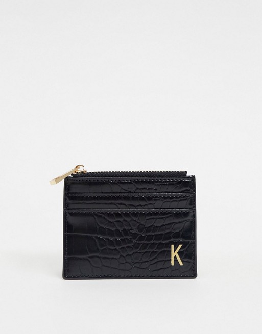 ASOS DESIGN personalised K coin purse & cardholder in black croc