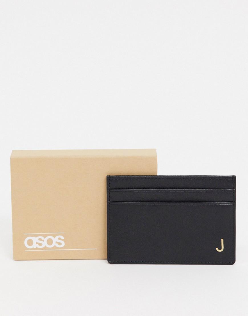 ASOS DESIGN personalised leather card holder with J initials-Black
