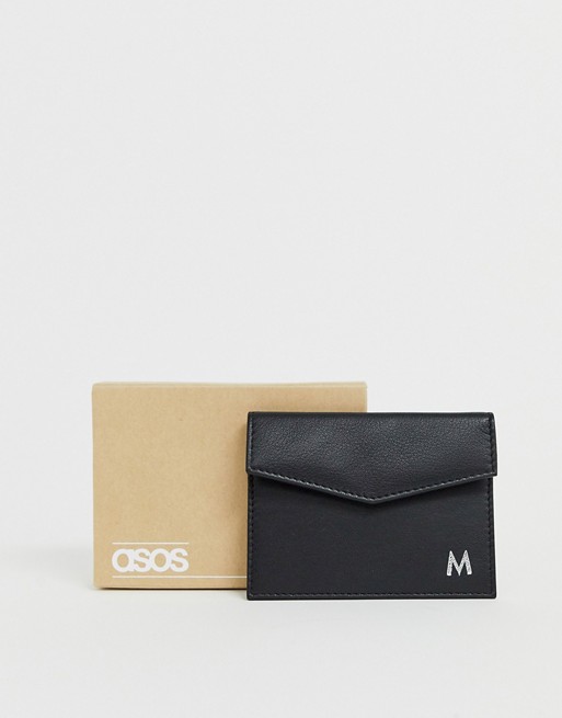 ASOS DESIGN personalised leather envelope cardholder in black with 'M' initial
