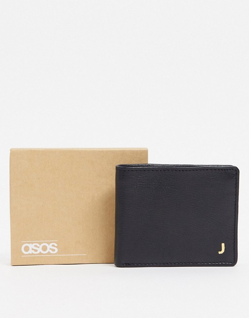 ASOS DESIGN personalised leather wallet in black with 'J' initial