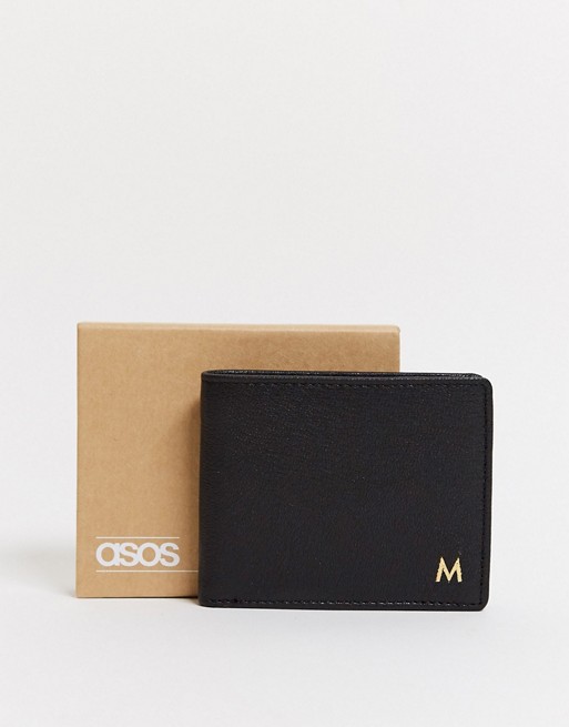ASOS DESIGN personalised leather wallet in black with 'M' initial