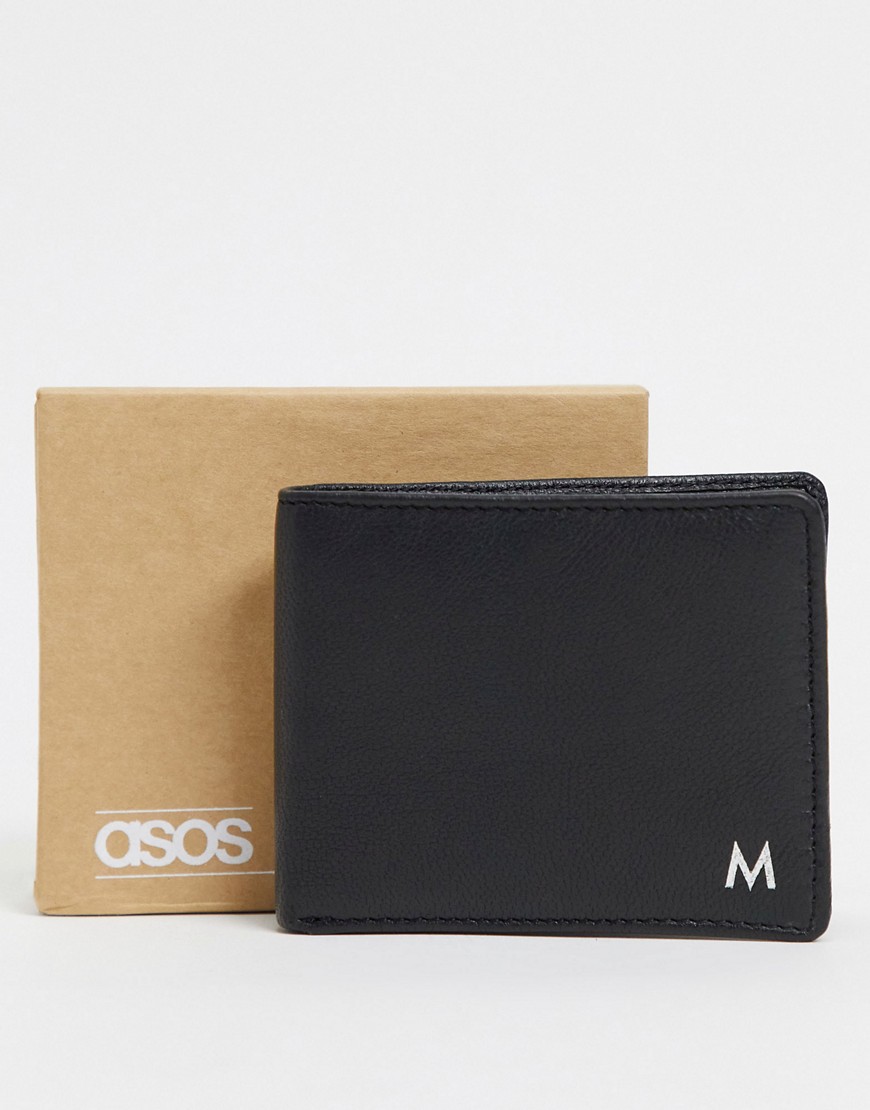 ASOS DESIGN personalised leather wallet in black with silver M initals