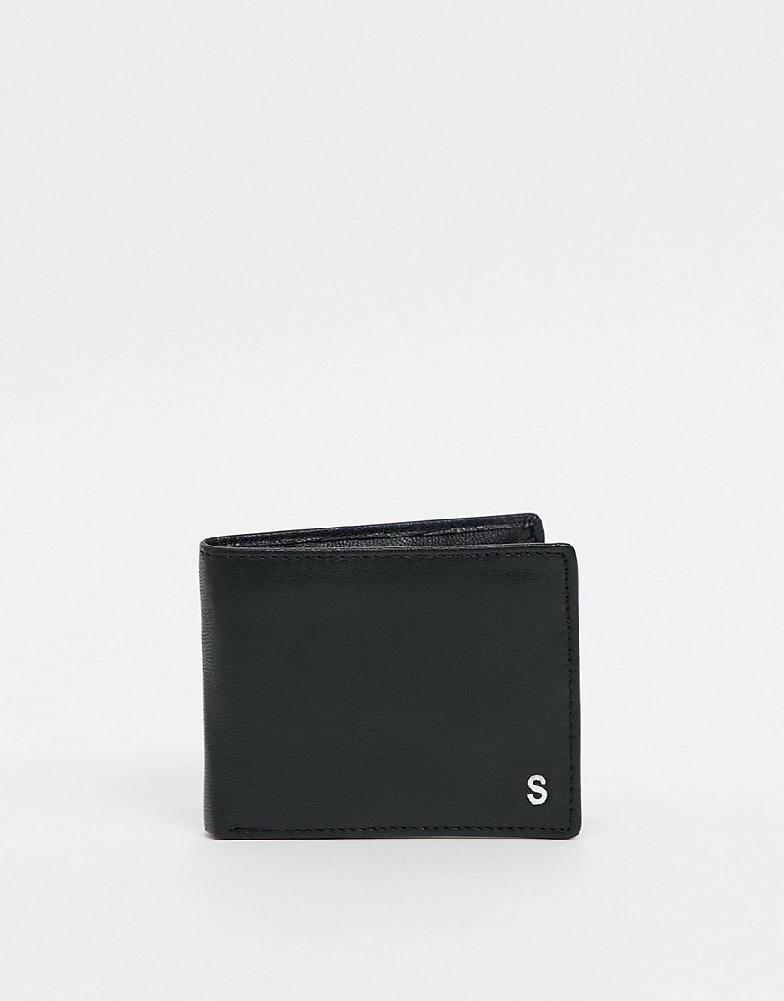 ASOS DESIGN personalised leather wallet in black with silver S inital