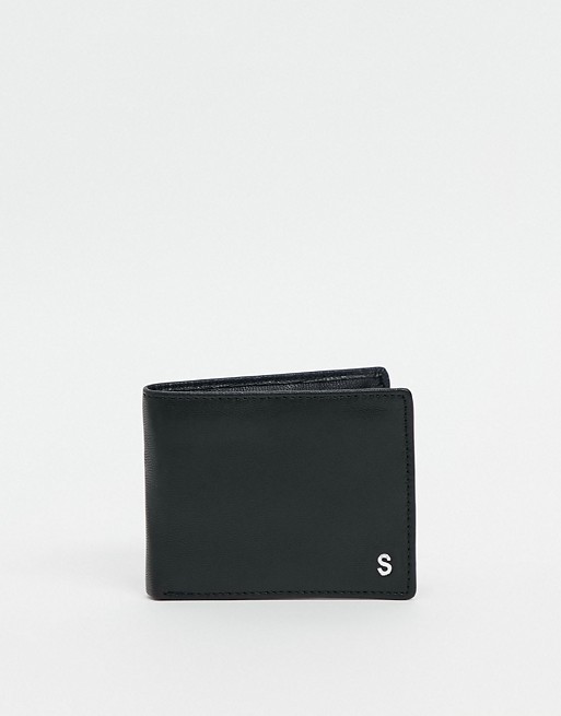 ASOS DESIGN personalised leather wallet in black with silver S initals