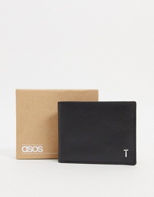 ASOS DESIGN personalised leather wallet in black with silver T initals