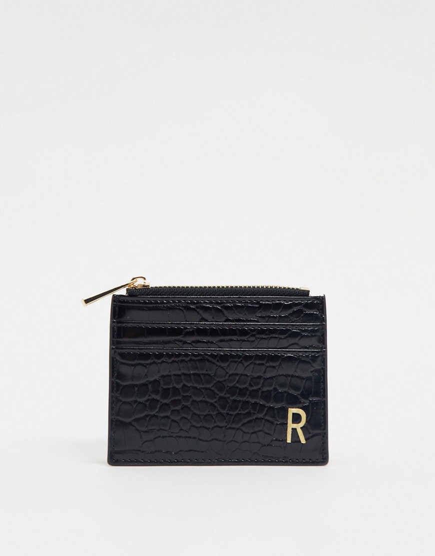 ASOS DESIGN personalised R coin purse & cardholder in black croc