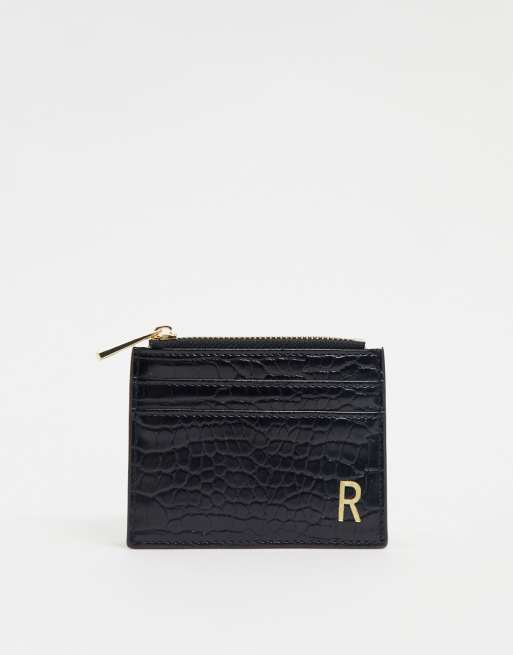 ASOS DESIGN personalised R coin purse & cardholder in black croc